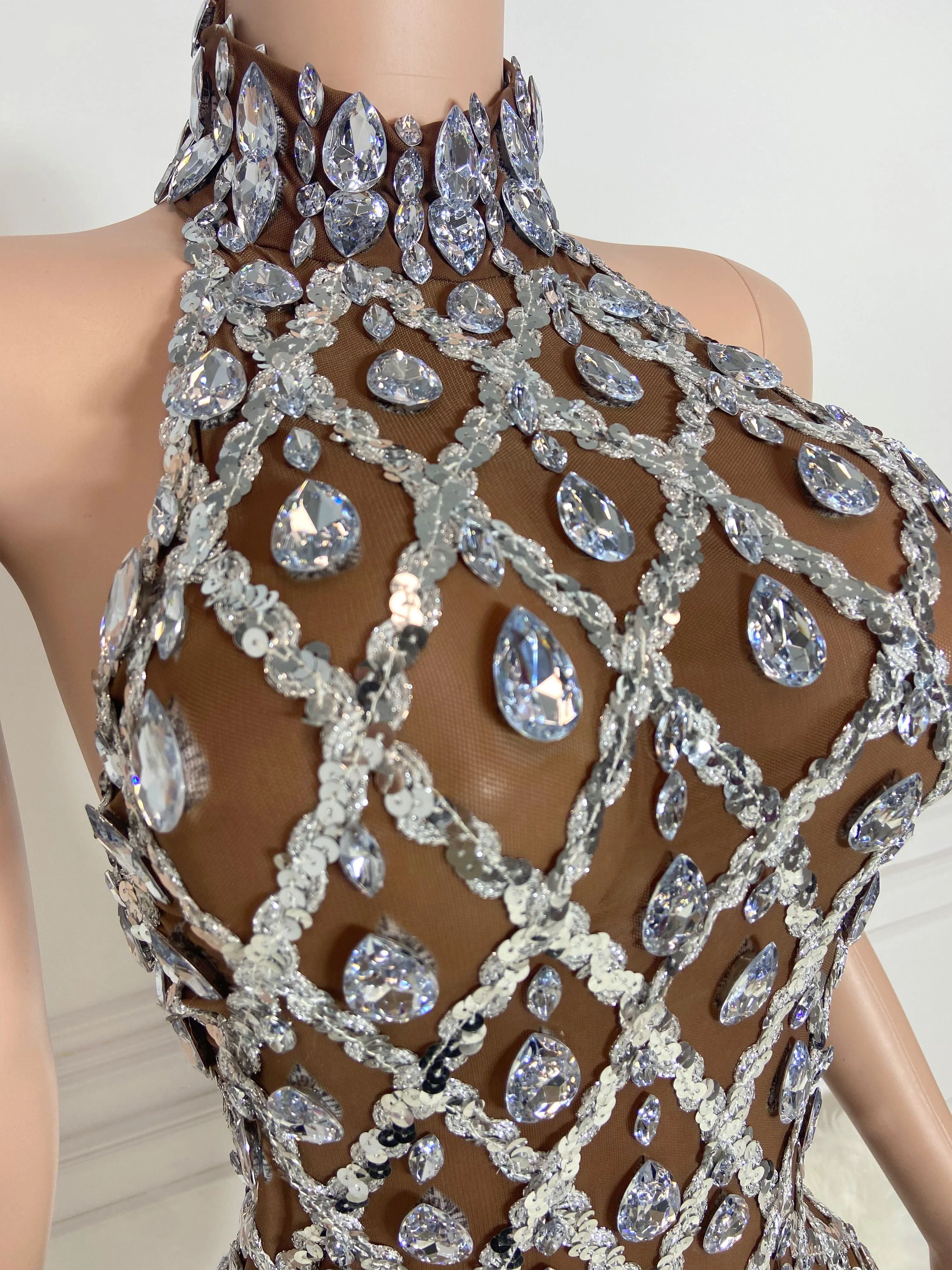 Brown See Through and Big Rhinestone Sleeveless Mini Dress