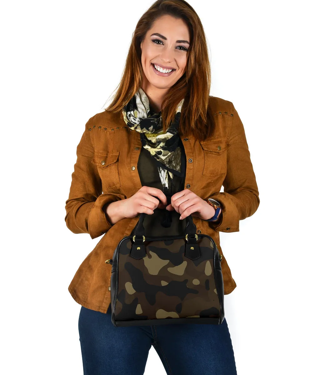 Camo Purse Handbag In Brown, Tan and Black Camouflage Pattern
