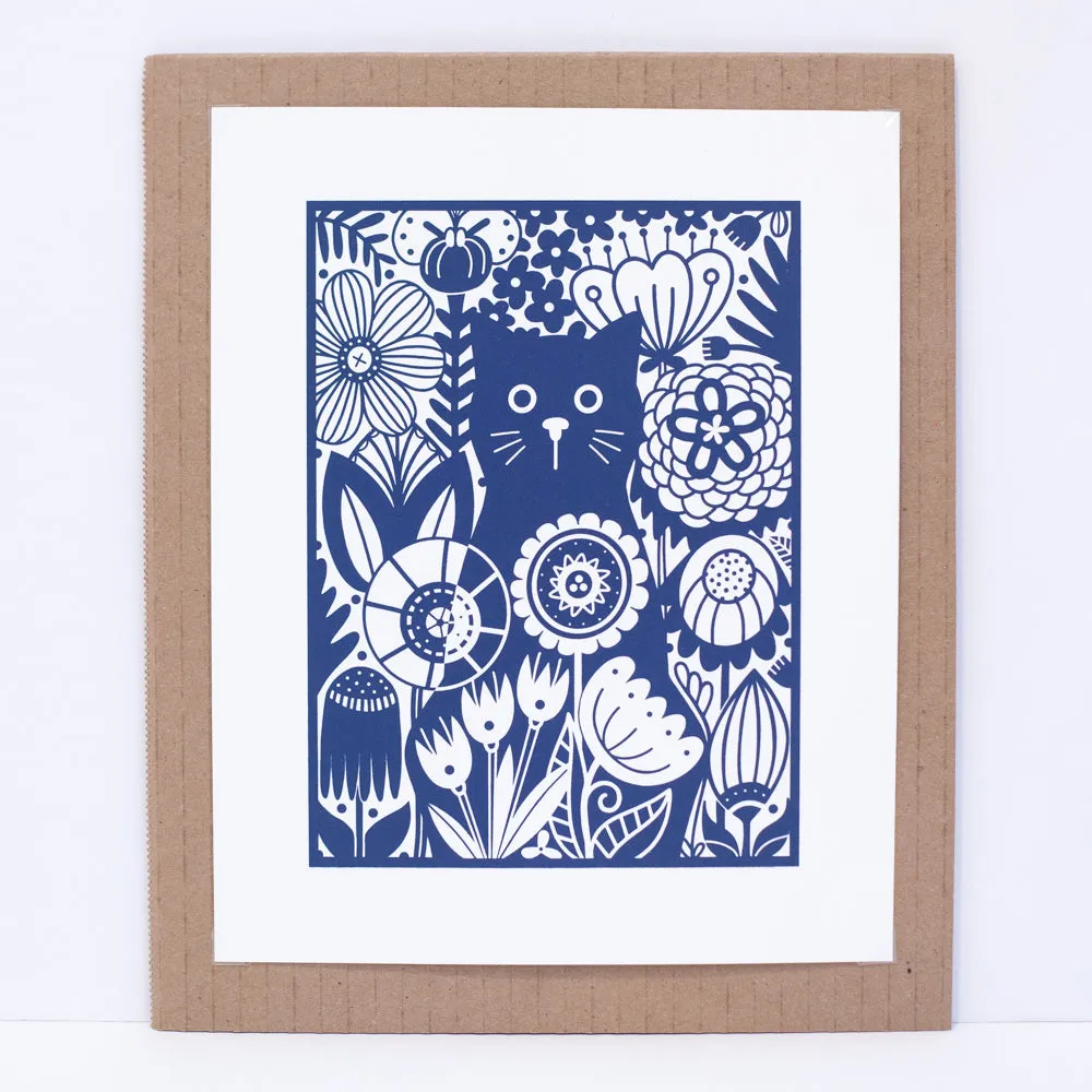 Cat in the Garden art print, cat art print, Scandinavian floral art print, gardening art print