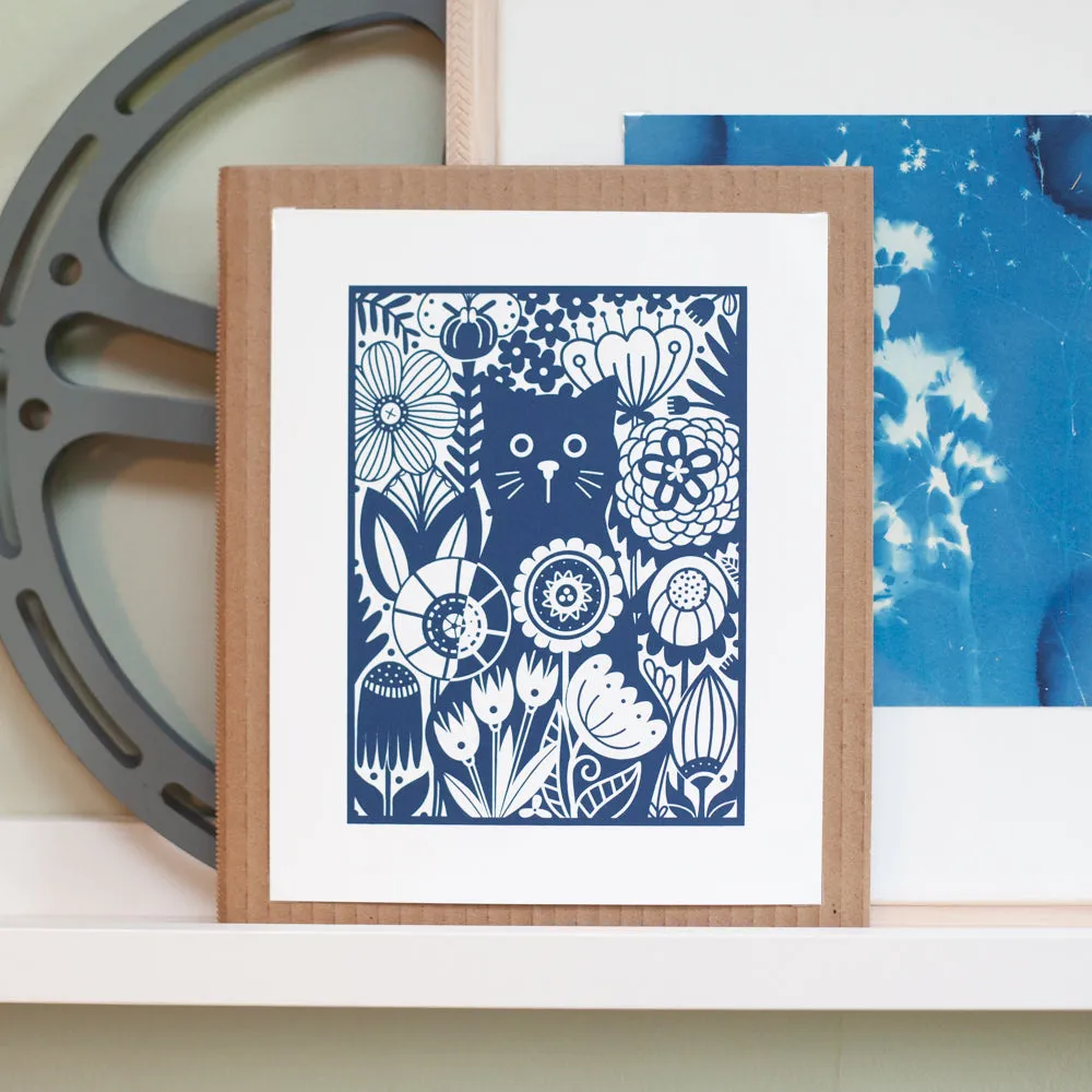 Cat in the Garden art print, cat art print, Scandinavian floral art print, gardening art print