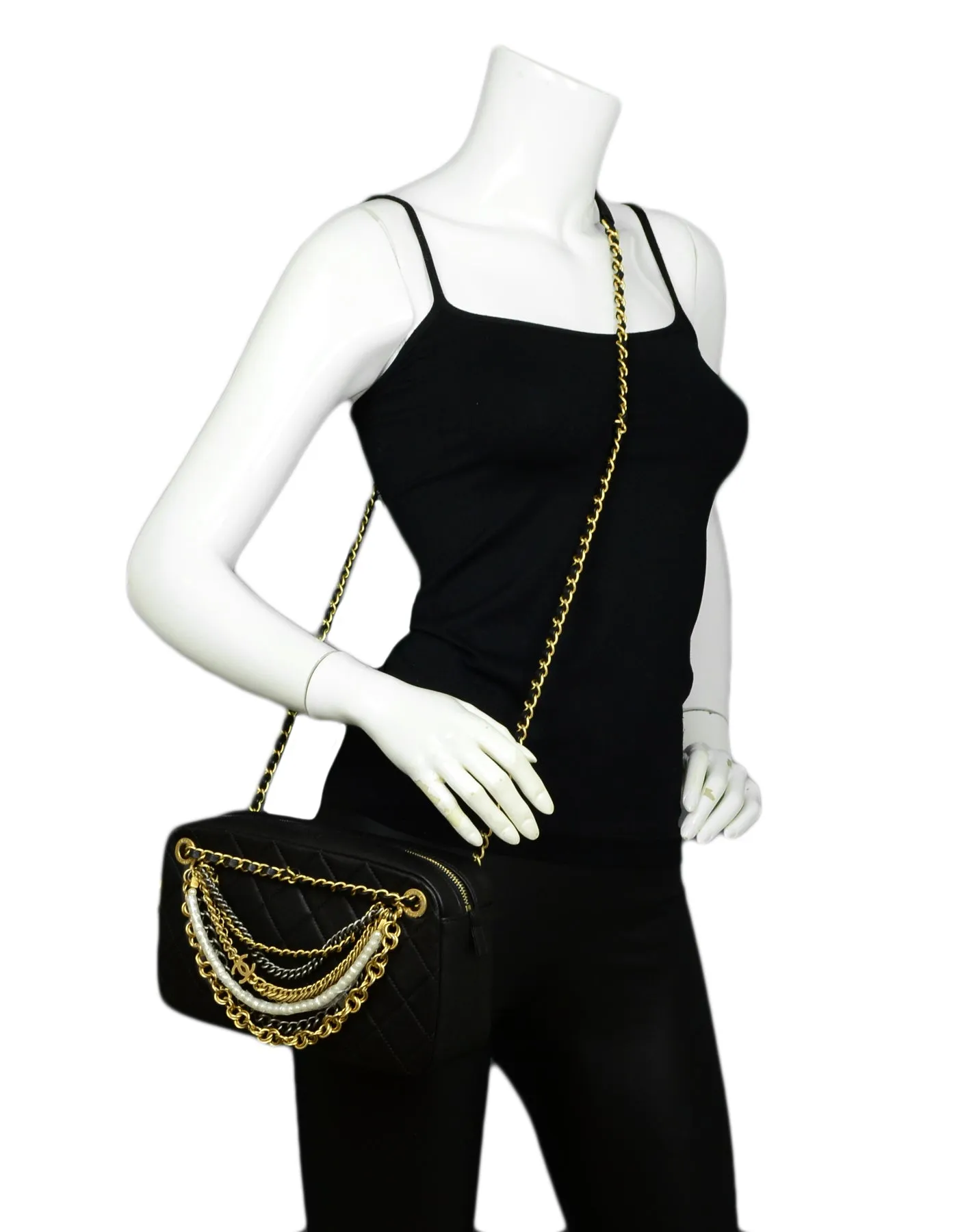 Chanel 2019 Black Leather Quilted All About Chains Camera Bag