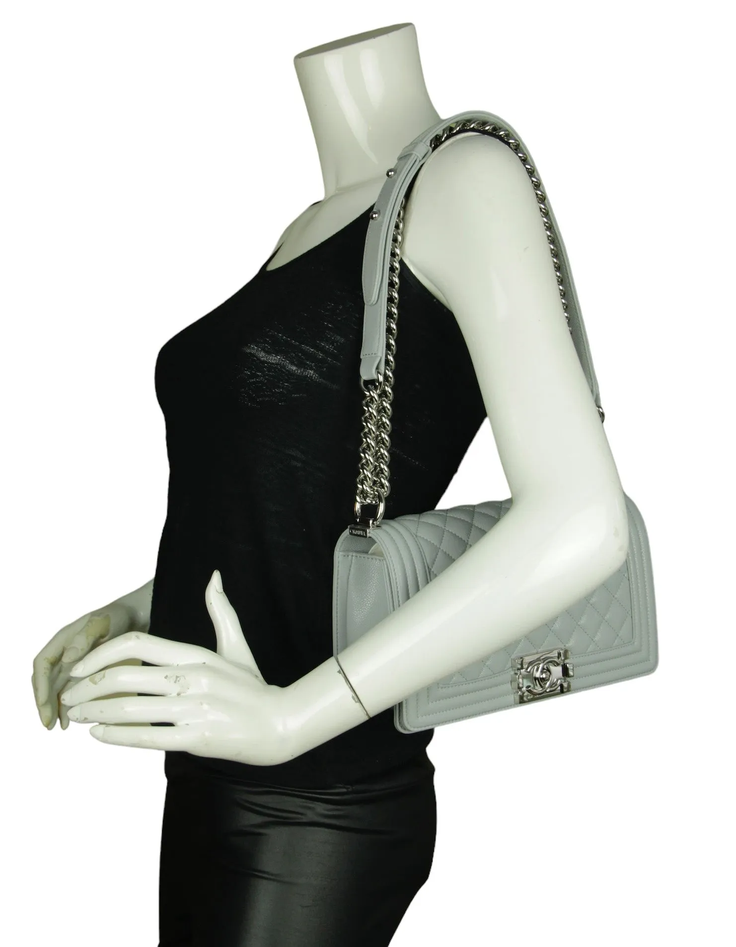 Chanel 2024 Grey Shiny Caviar Leather Quilted Medium Boy Bag