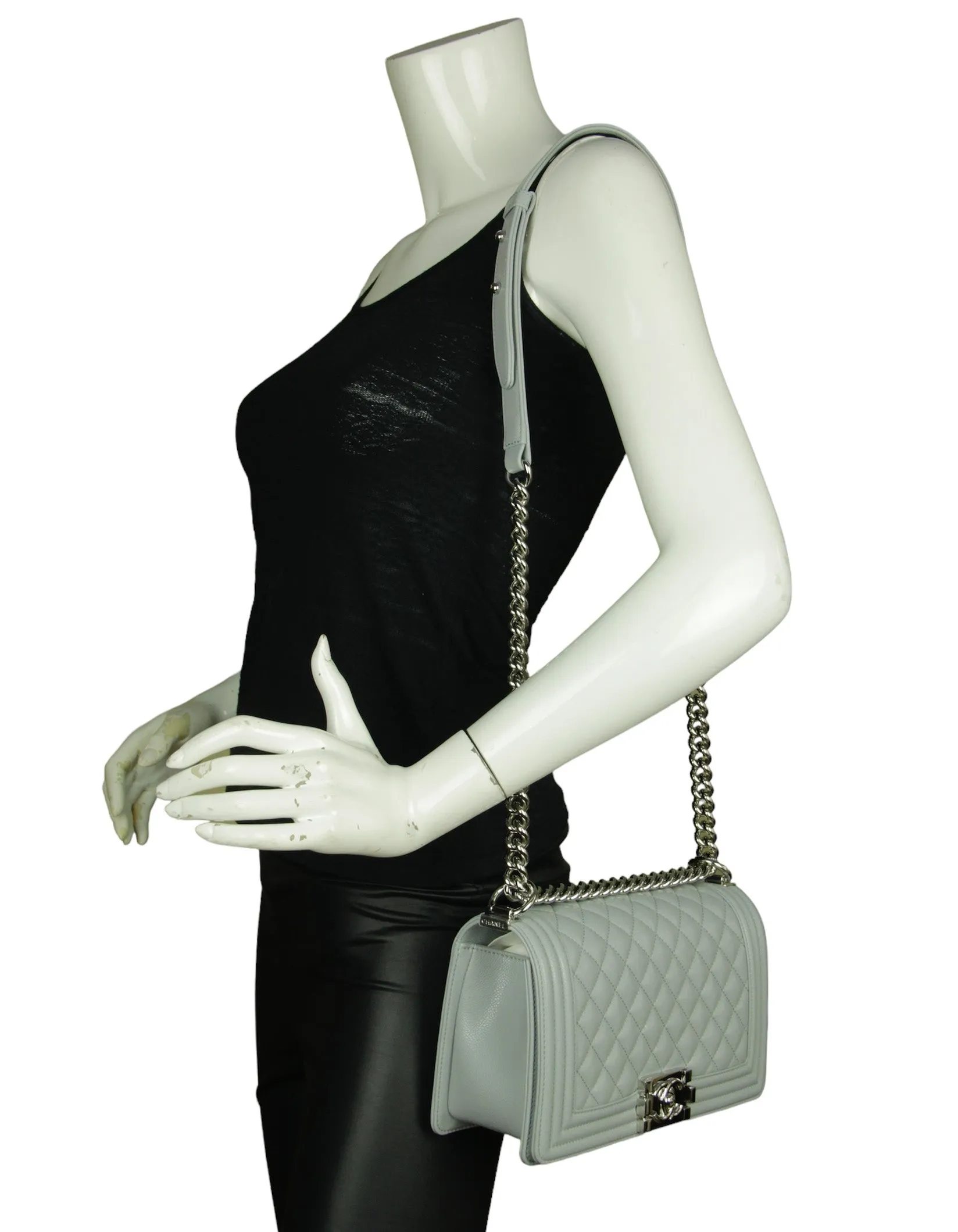 Chanel 2024 Grey Shiny Caviar Leather Quilted Medium Boy Bag