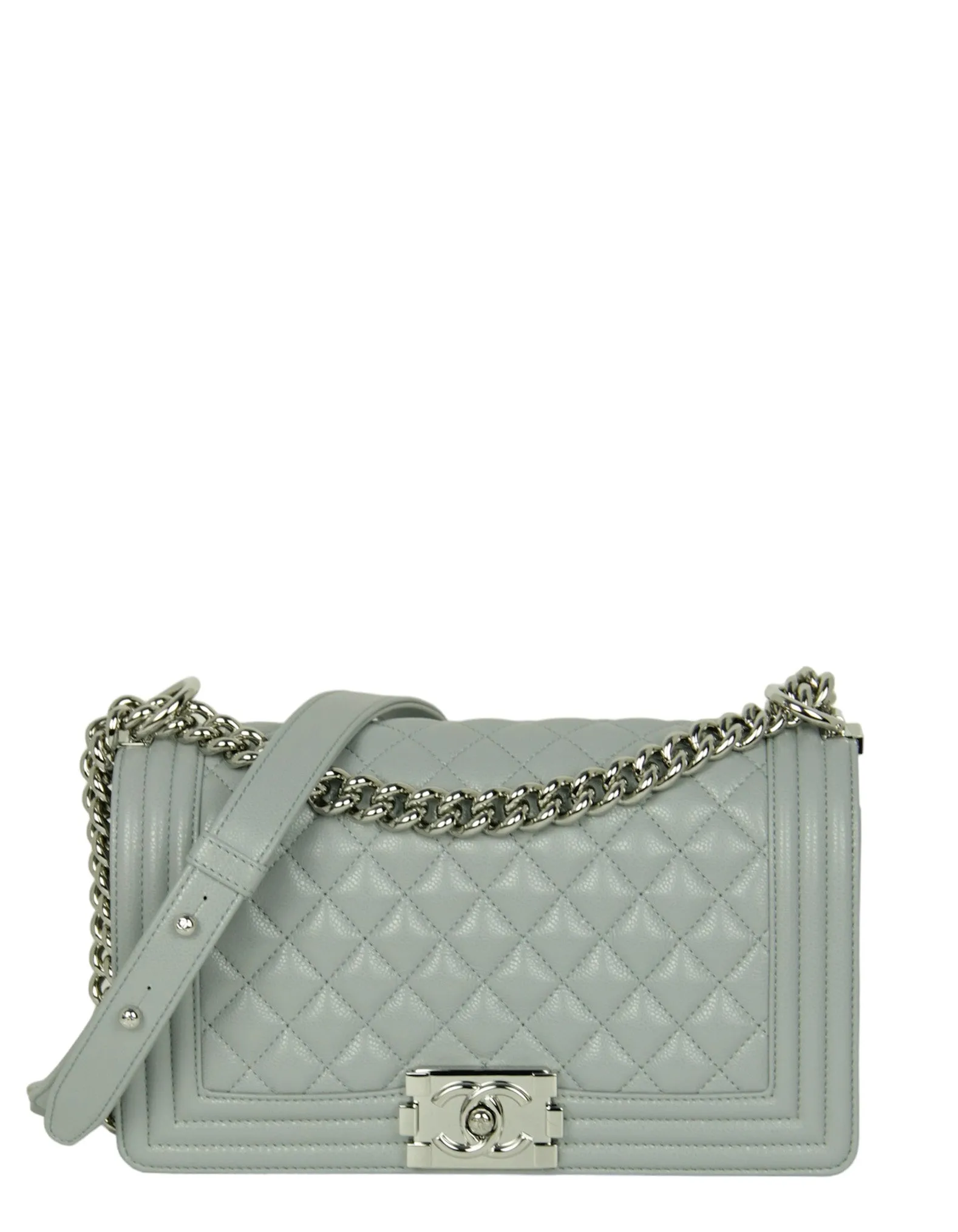 Chanel 2024 Grey Shiny Caviar Leather Quilted Medium Boy Bag