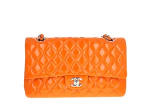 Chanel Orange Quilted Patent Leather Classic Double Flap Medium