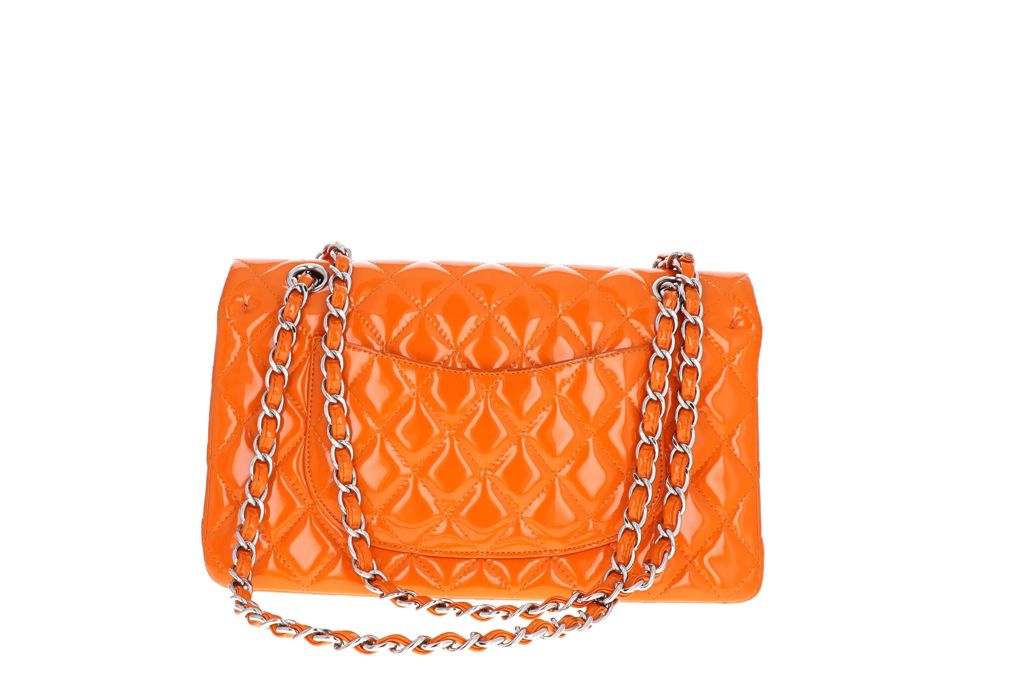 Chanel Orange Quilted Patent Leather Classic Double Flap Medium