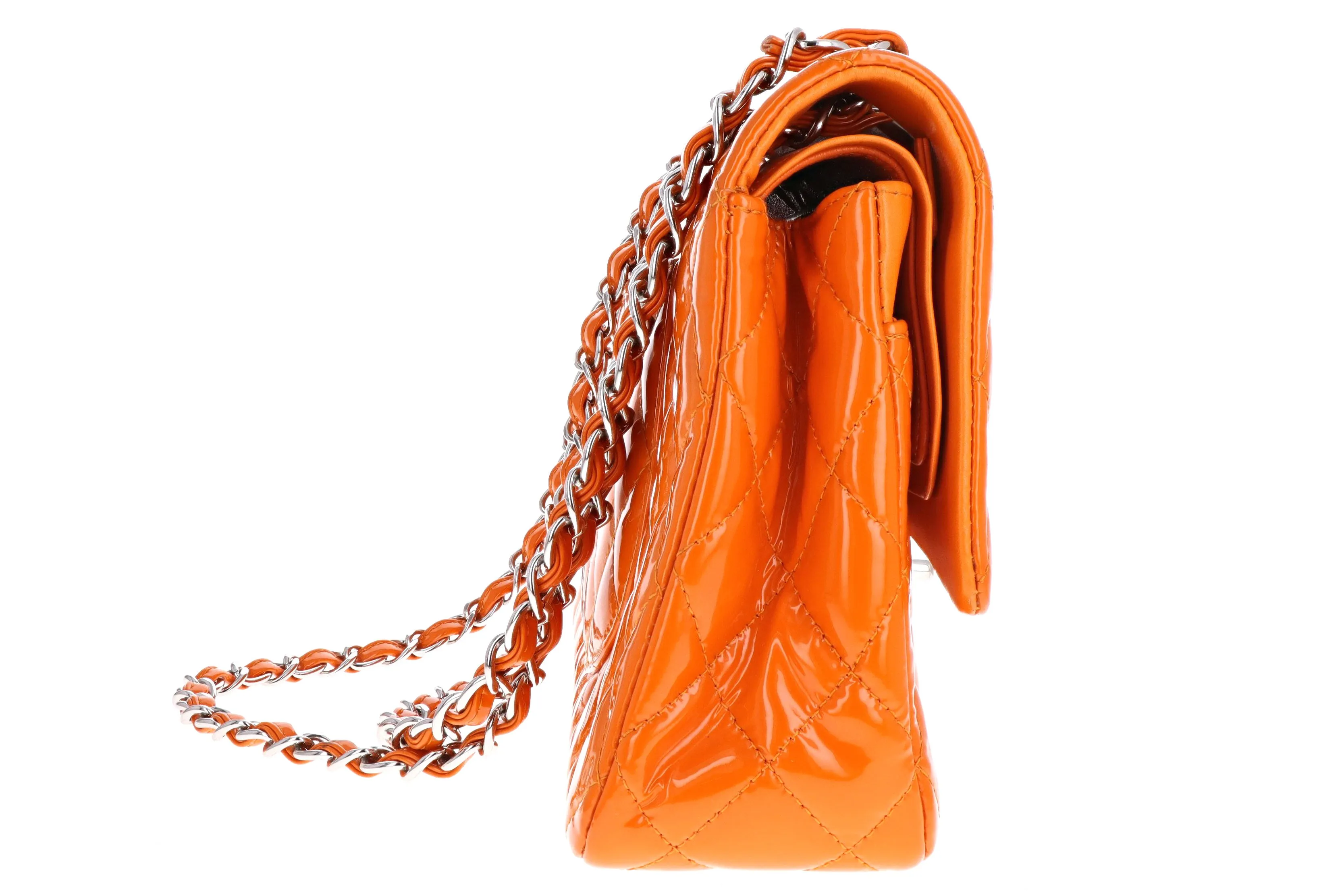 Chanel Orange Quilted Patent Leather Classic Double Flap Medium