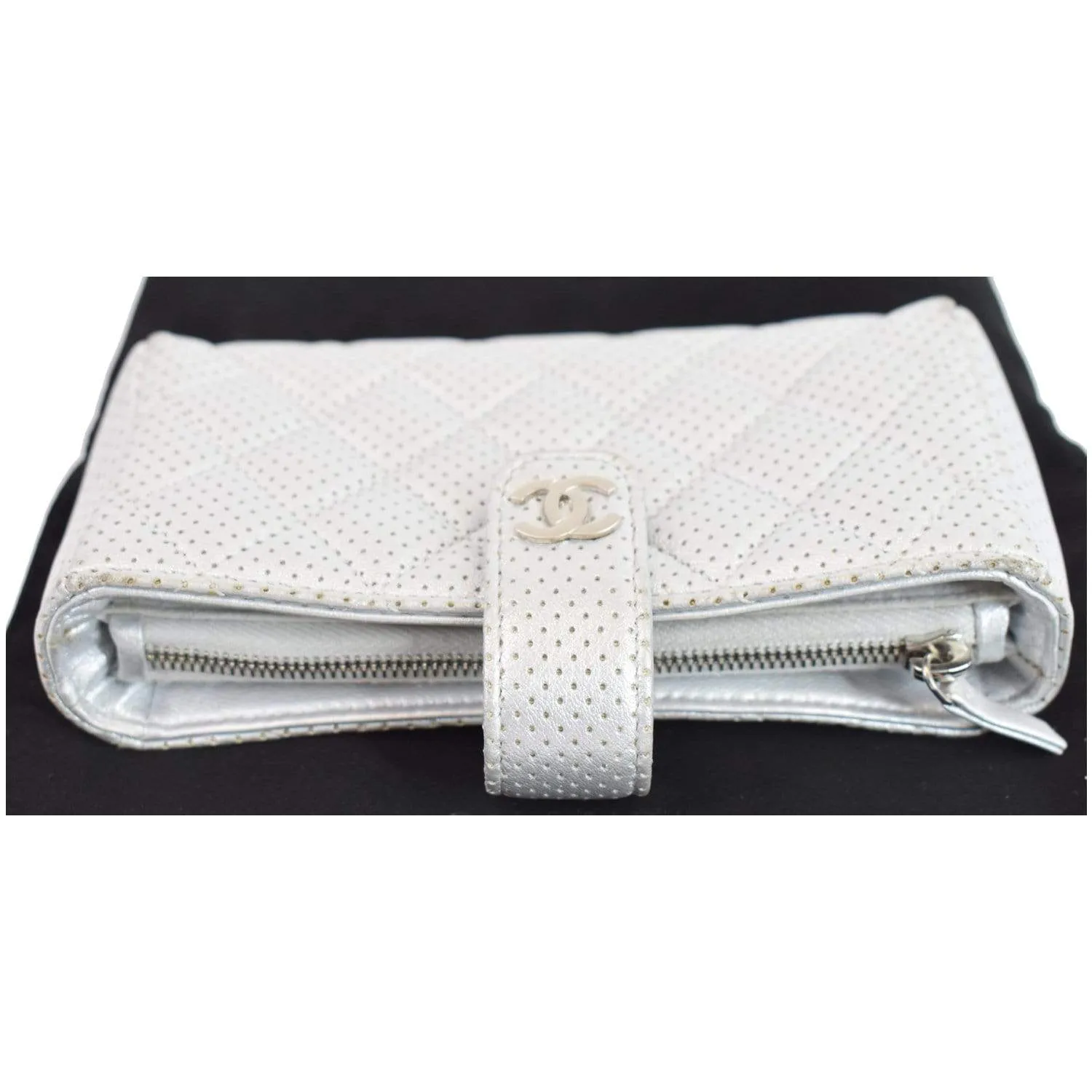 CHANEL Perforated Lambskin Quilted Mini Phone Holder Clutch Silver - Last Call