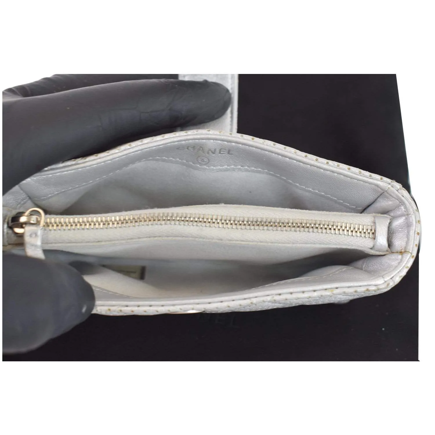 CHANEL Perforated Lambskin Quilted Mini Phone Holder Clutch Silver - Last Call