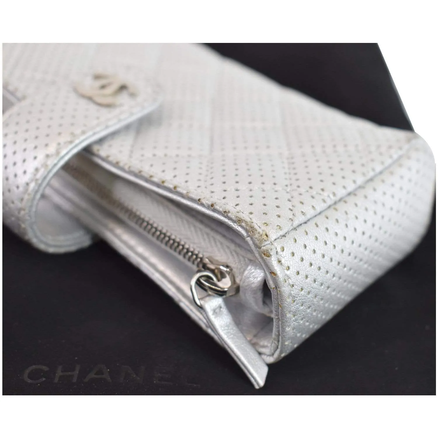 CHANEL Perforated Lambskin Quilted Mini Phone Holder Clutch Silver - Last Call