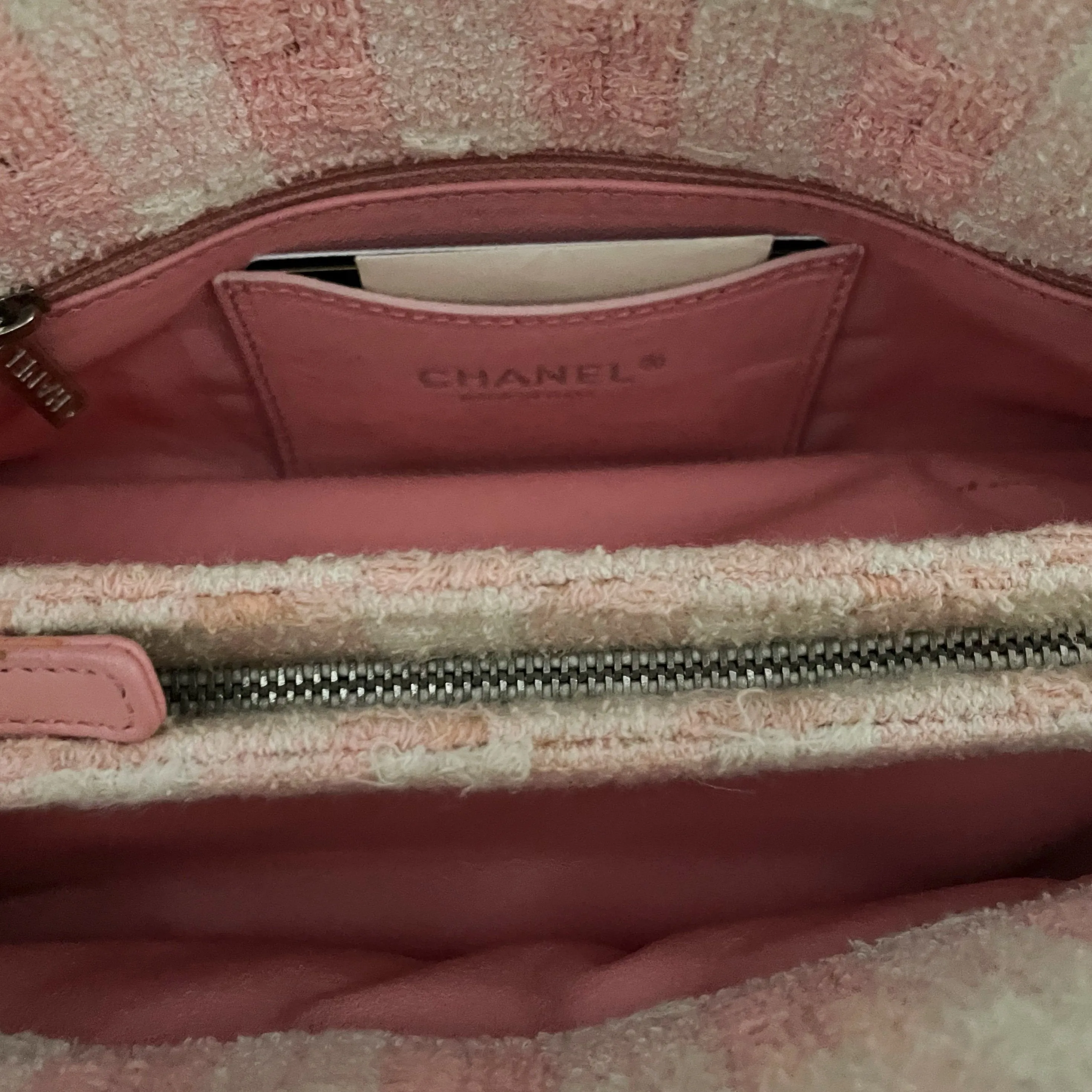 Chanel Pink Gingham Tweed Chain Logo Bag