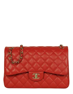 Chanel Red Caviar Leather Double Flap Jumbo Bag