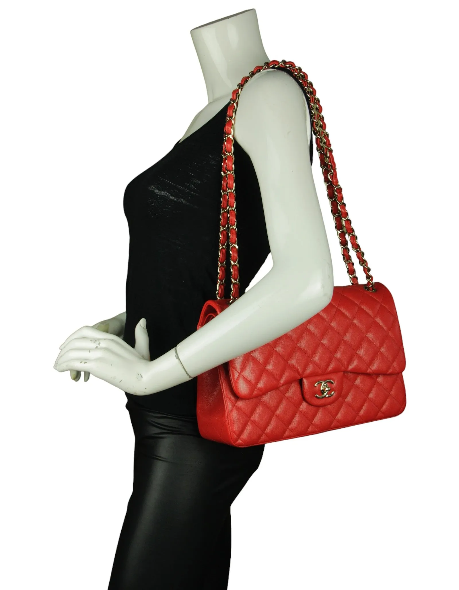 Chanel Red Caviar Leather Double Flap Jumbo Bag