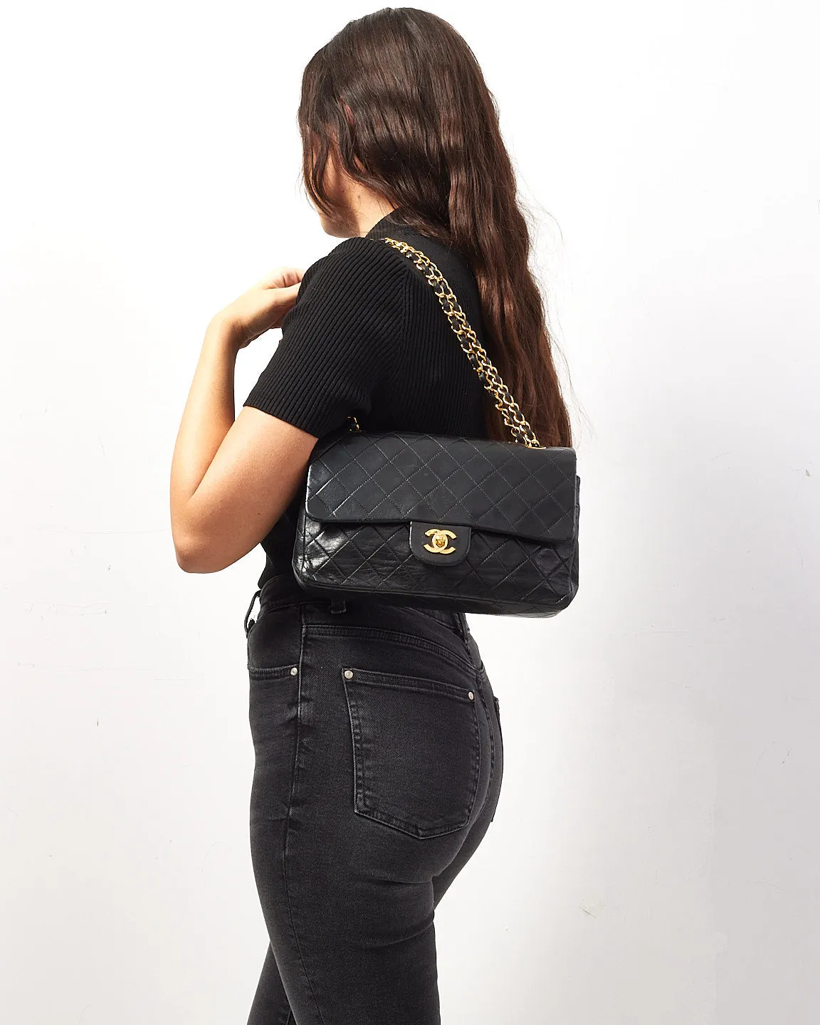 Chanel Vintage Black Lambskin Leather Classic Medium Double Flap Bag with GHW