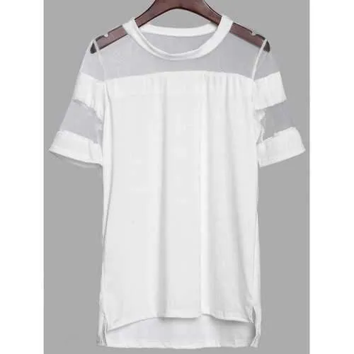 Chic Scoop Neck Short Sleeve See-Through Women's Blouse - White M