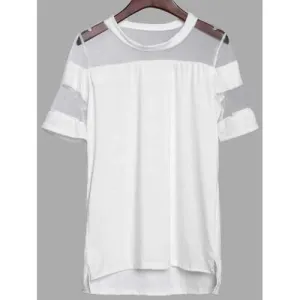 Chic Scoop Neck Short Sleeve See-Through Women's Blouse - White M