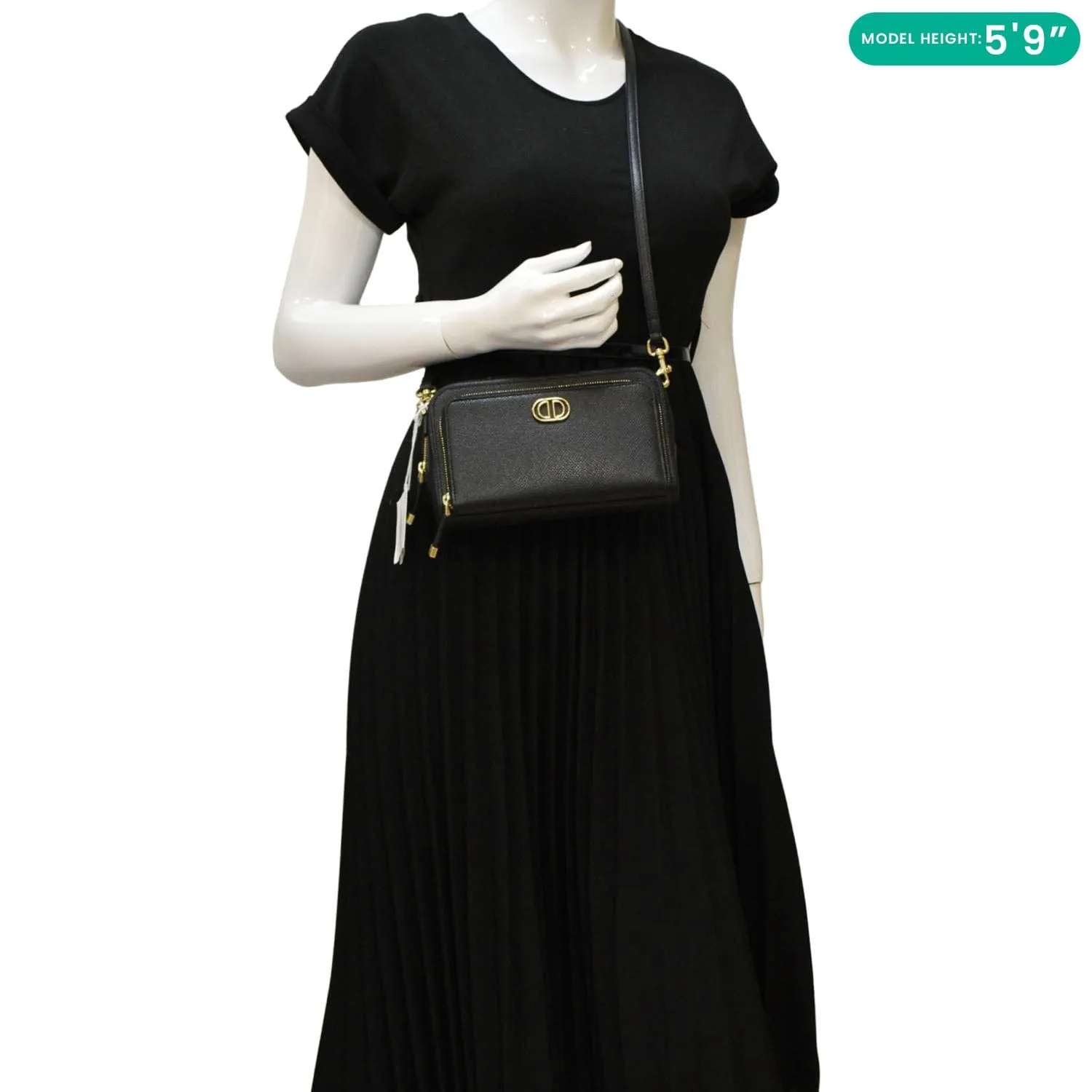 CHRISTIAN DIOR Caro Grained Leather Double Pouch Crossbody Bag Black