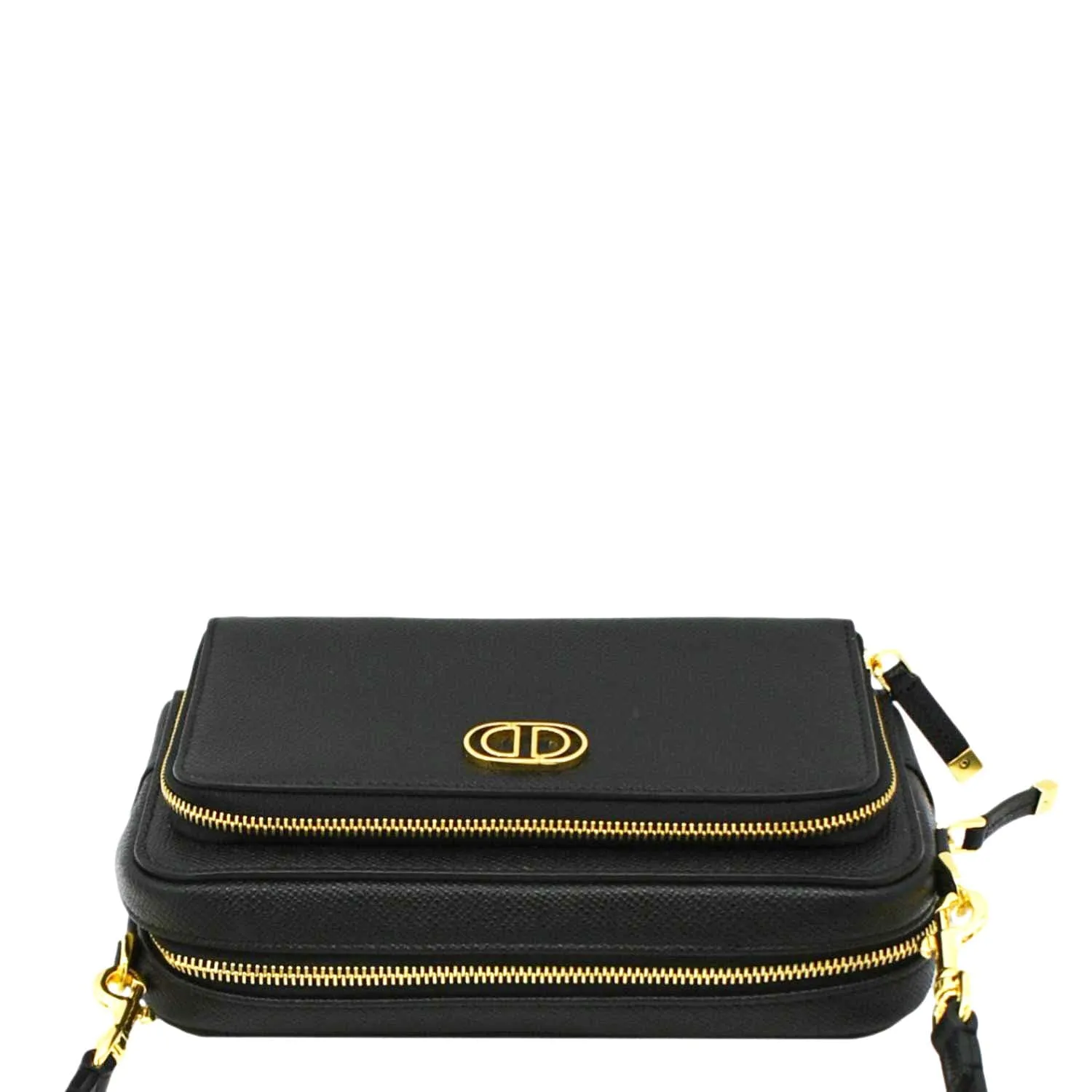 CHRISTIAN DIOR Caro Grained Leather Double Pouch Crossbody Bag Black