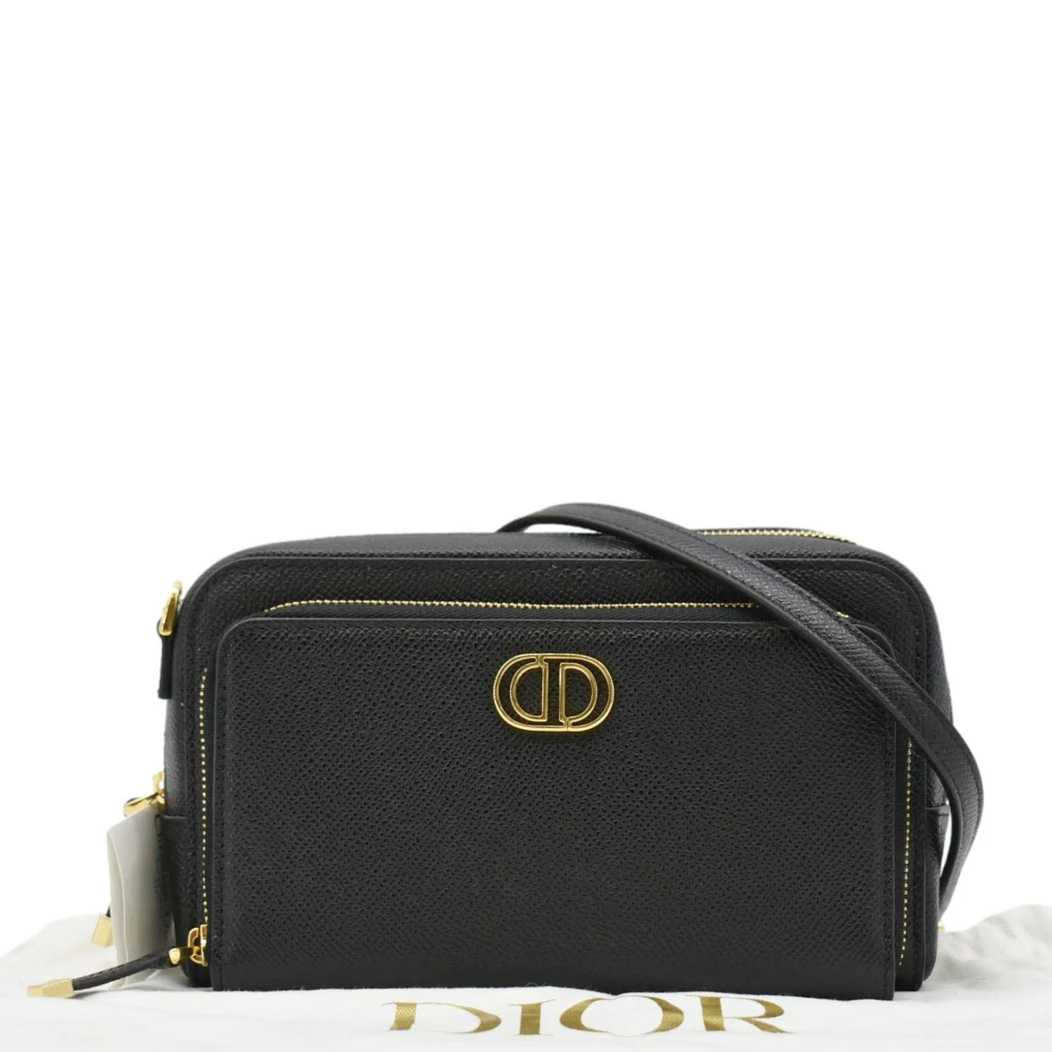 CHRISTIAN DIOR Caro Grained Leather Double Pouch Crossbody Bag Black
