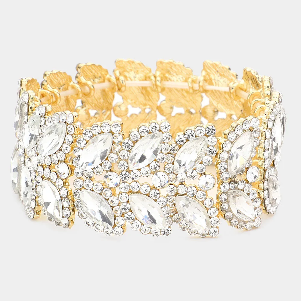 Clear Crystal Marquise Stone Stretch Pageant Bracelet on Gold| Large Bracelet | 558315