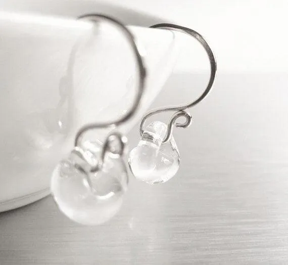 Clear Drop Earring - 925 sterling silver hooks with small boro glass lampwork teardrops - smooth organic shape crystal water solid glass