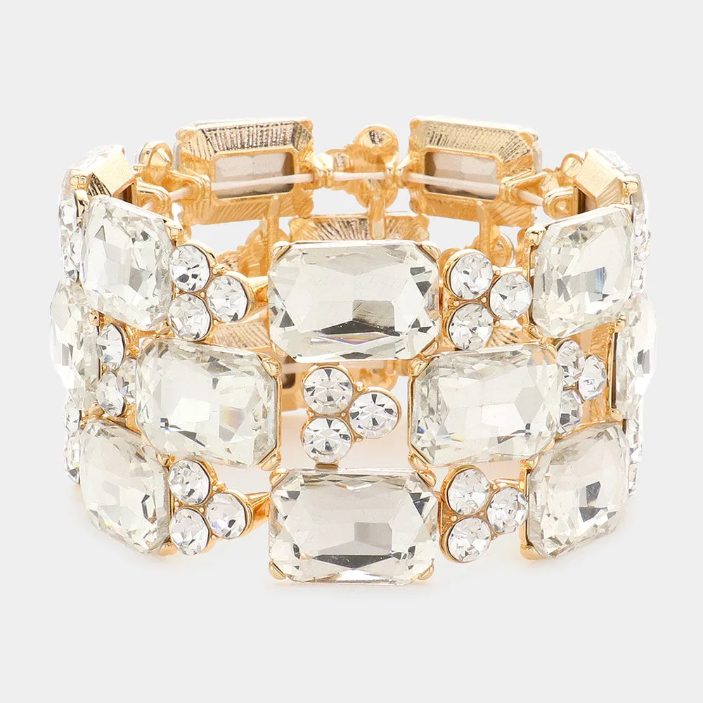 Clear Emerald Cut Stone Accented Pageant Stretch Bracelet on Gold | Crystal Bracelet | 581617