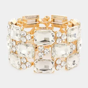 Clear Emerald Cut Stone Accented Pageant Stretch Bracelet on Gold | Crystal Bracelet | 581617