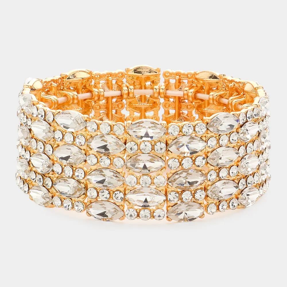 Clear Marquise Stone Accented Stretch Pageant Bracelet on Gold | Crystal Bracelet | 581602