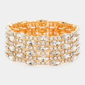 Clear Marquise Stone Accented Stretch Pageant Bracelet on Gold | Crystal Bracelet | 581602