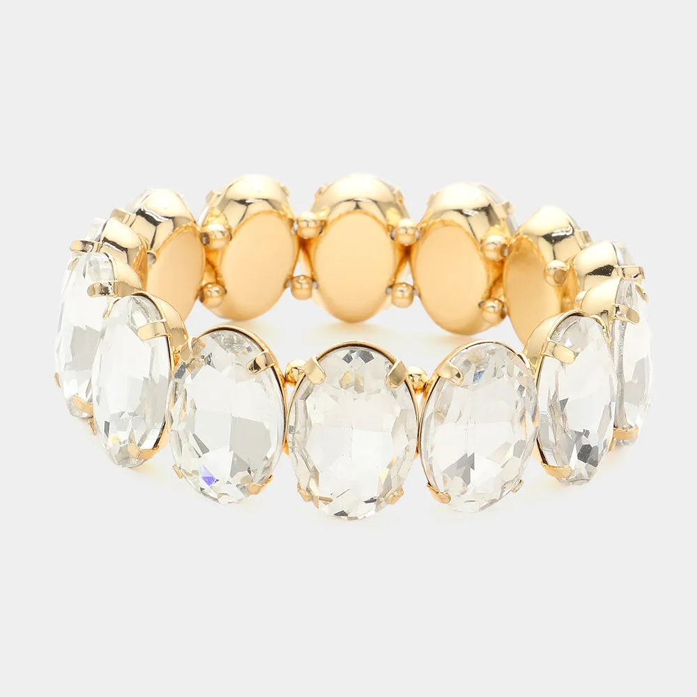 Clear Oval Stone Stretch Pageant Bracelet on Gold | Prom Jewelry | 598416