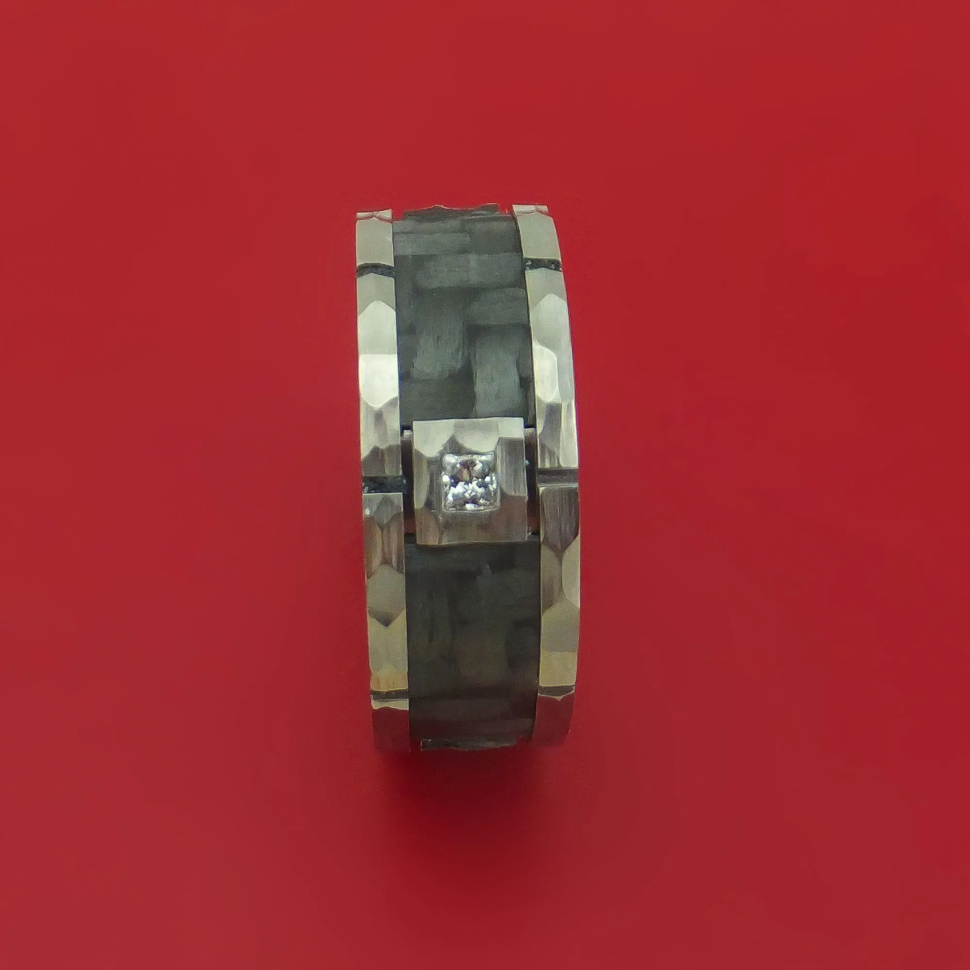 Cobalt Chrome Hammered Ring with Carbon Fiber Inlay and Diamond Custom Band