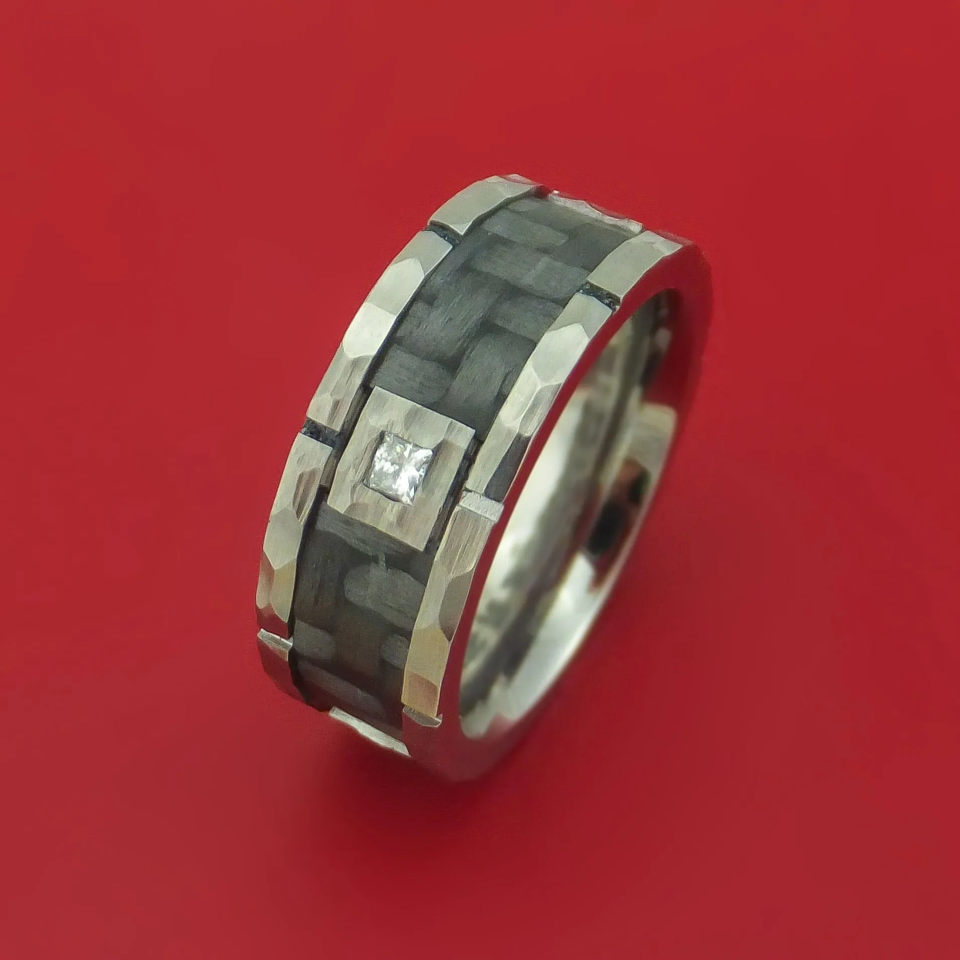 Cobalt Chrome Hammered Ring with Carbon Fiber Inlay and Diamond Custom Band