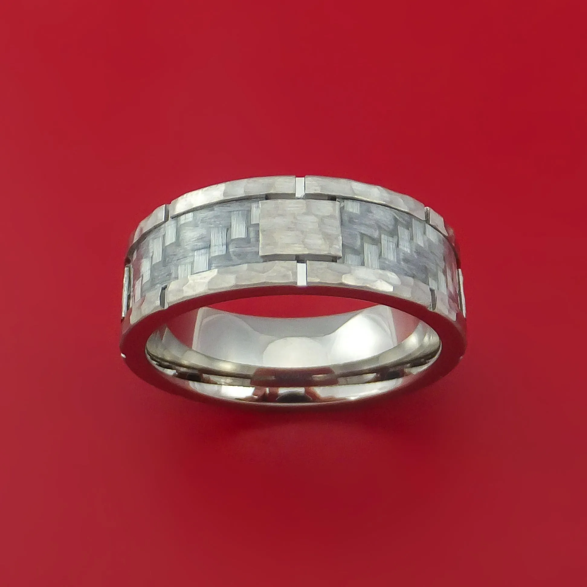Cobalt Chrome Hammered Ring with Silver Carbon Fiber Inlay Custom Inlay