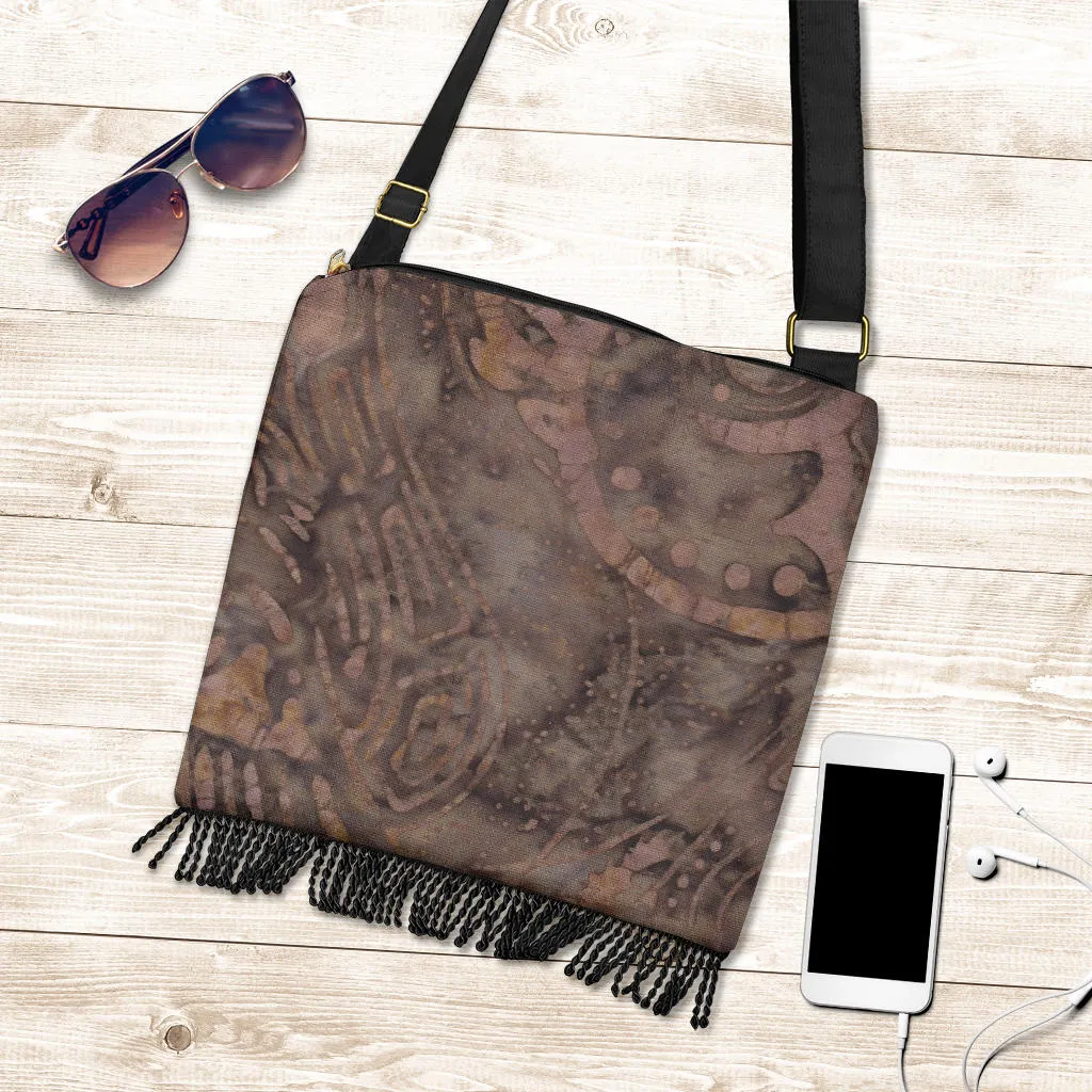 Coffee Colored Batik Style Design Fringe Purse Boho Bag Shoulder Strap Crossbody