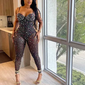 Colorful Rhinestone Spaghetti Strap Jumpsuit