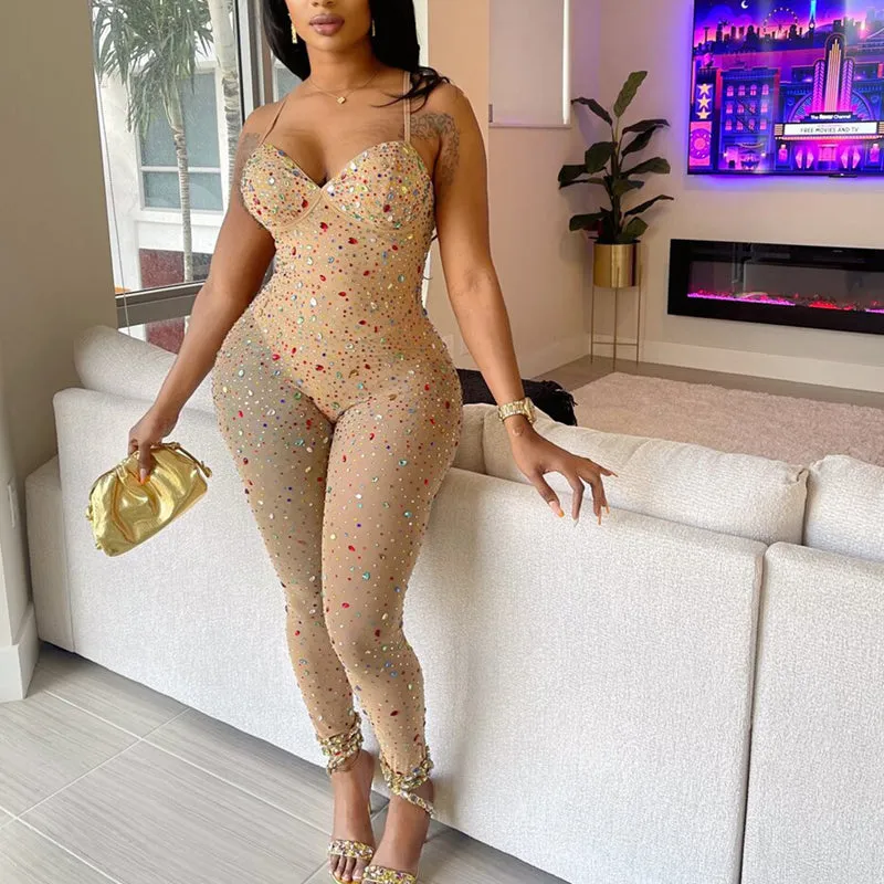 Colorful Rhinestone Spaghetti Strap Jumpsuit
