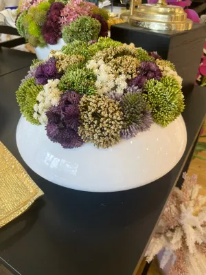 Colorful sedums in round pot #115