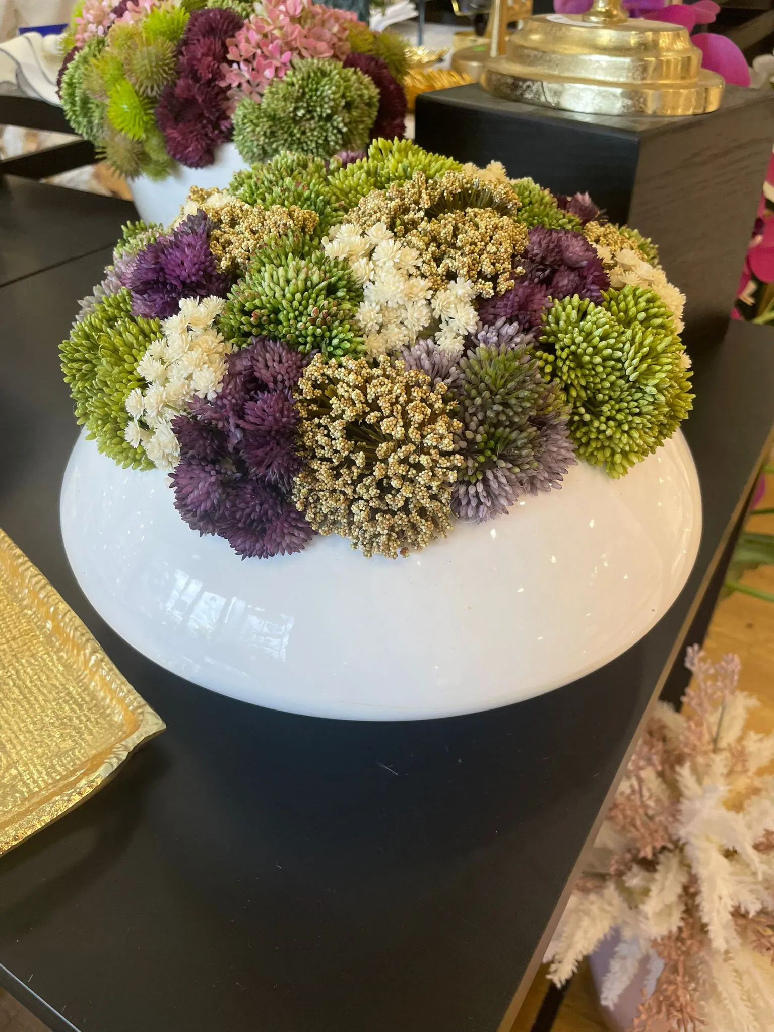 Colorful sedums in round pot #115