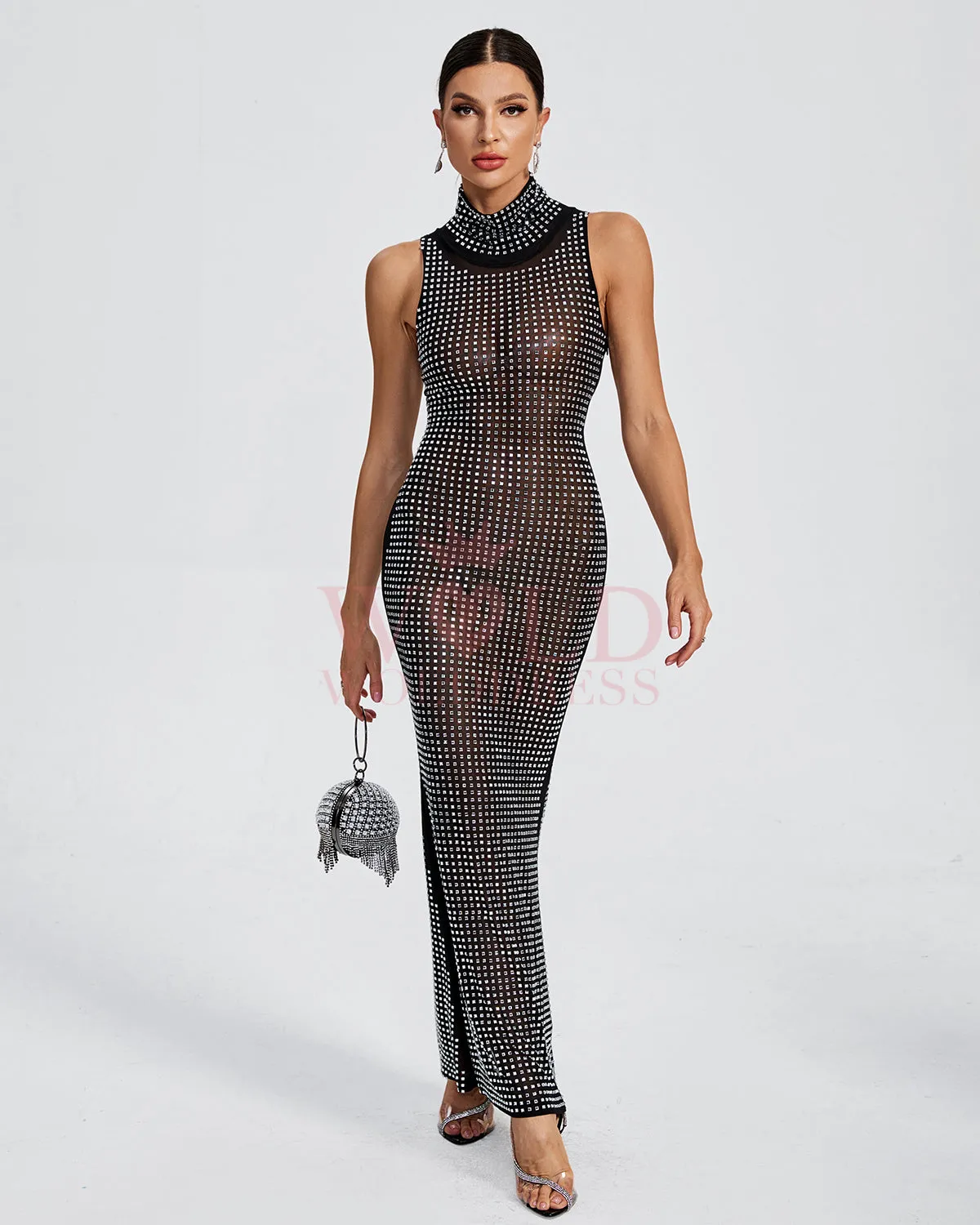 Crystal Embellished See-through Maxi Dress