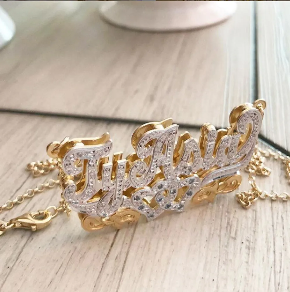 Double Plated Full CZ Name Necklace-Hearts and Birthstones