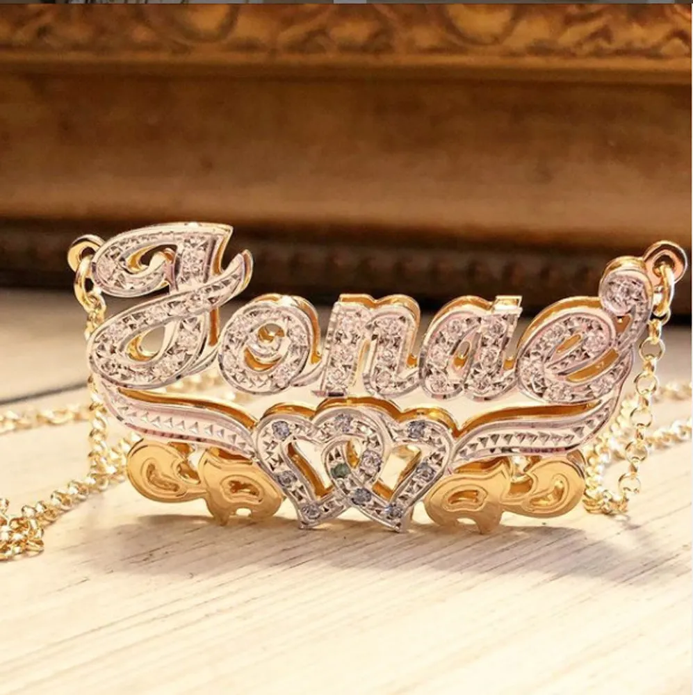 Double Plated Full CZ Name Necklace-Hearts and Birthstones
