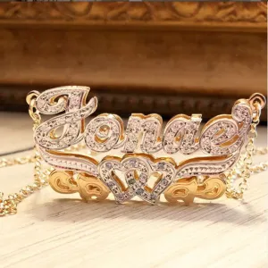 Double Plated Full CZ Name Necklace-Hearts and Birthstones