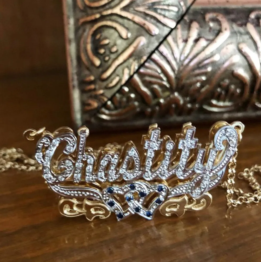 Double Plated Full CZ Name Necklace-Hearts and Birthstones