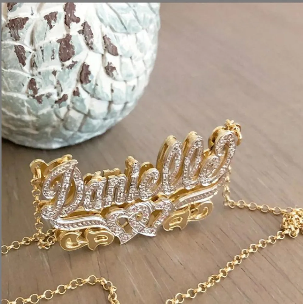 Double Plated Full CZ Name Necklace-Hearts and Birthstones