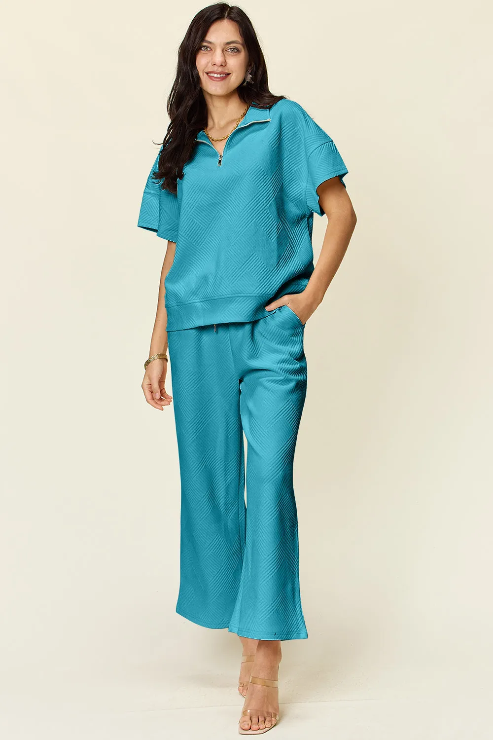 Double Take Full Size Texture Half Zip Short Sleeve Top and Pants Set