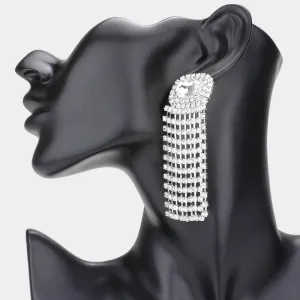 Emerald Cut Clear Stone and Rhinestone Fringe Pageant Earrings  | Prom Earrings | 590035