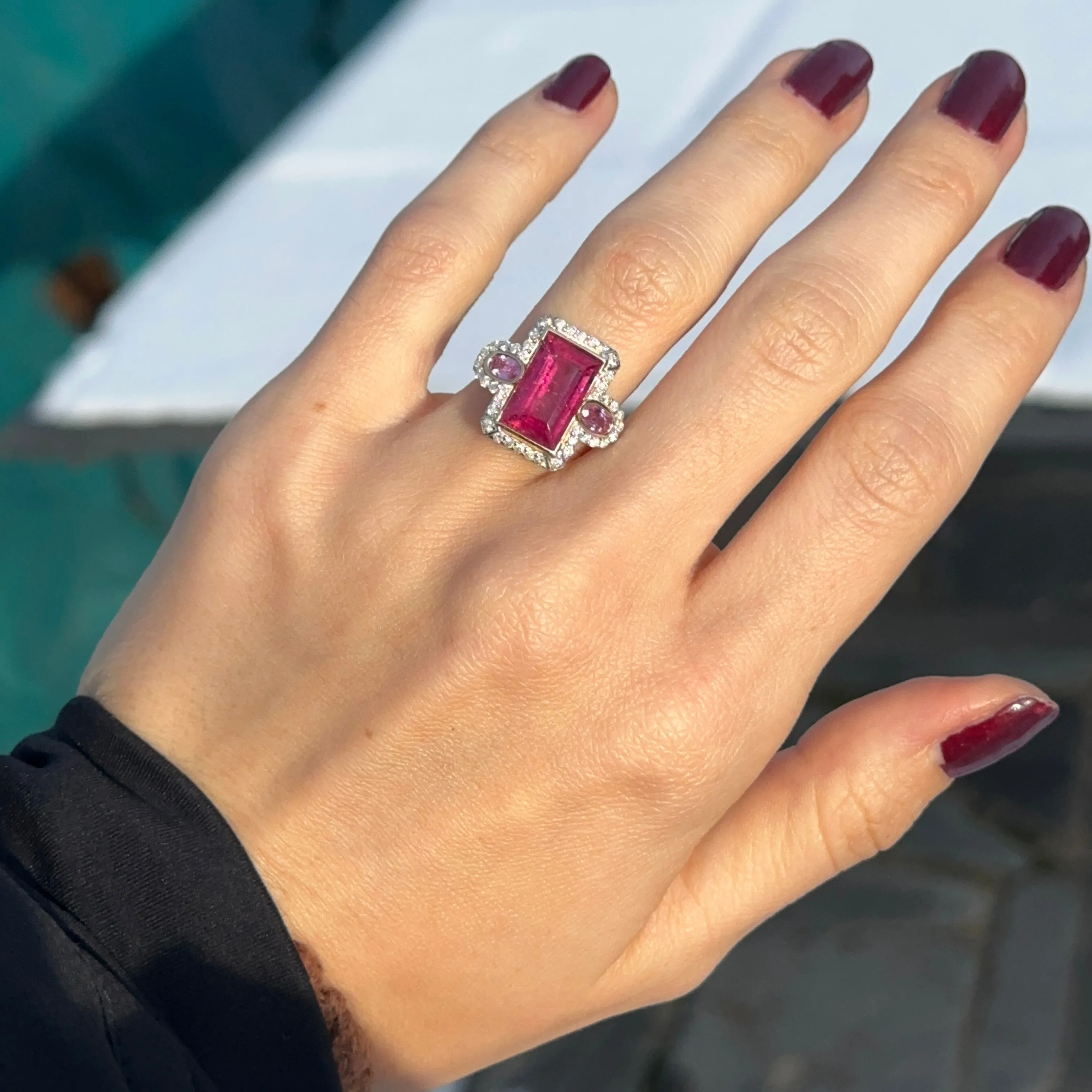Estate 14KT Yellow Gold Rubelite Tourmaline   Diamond Halo Ring