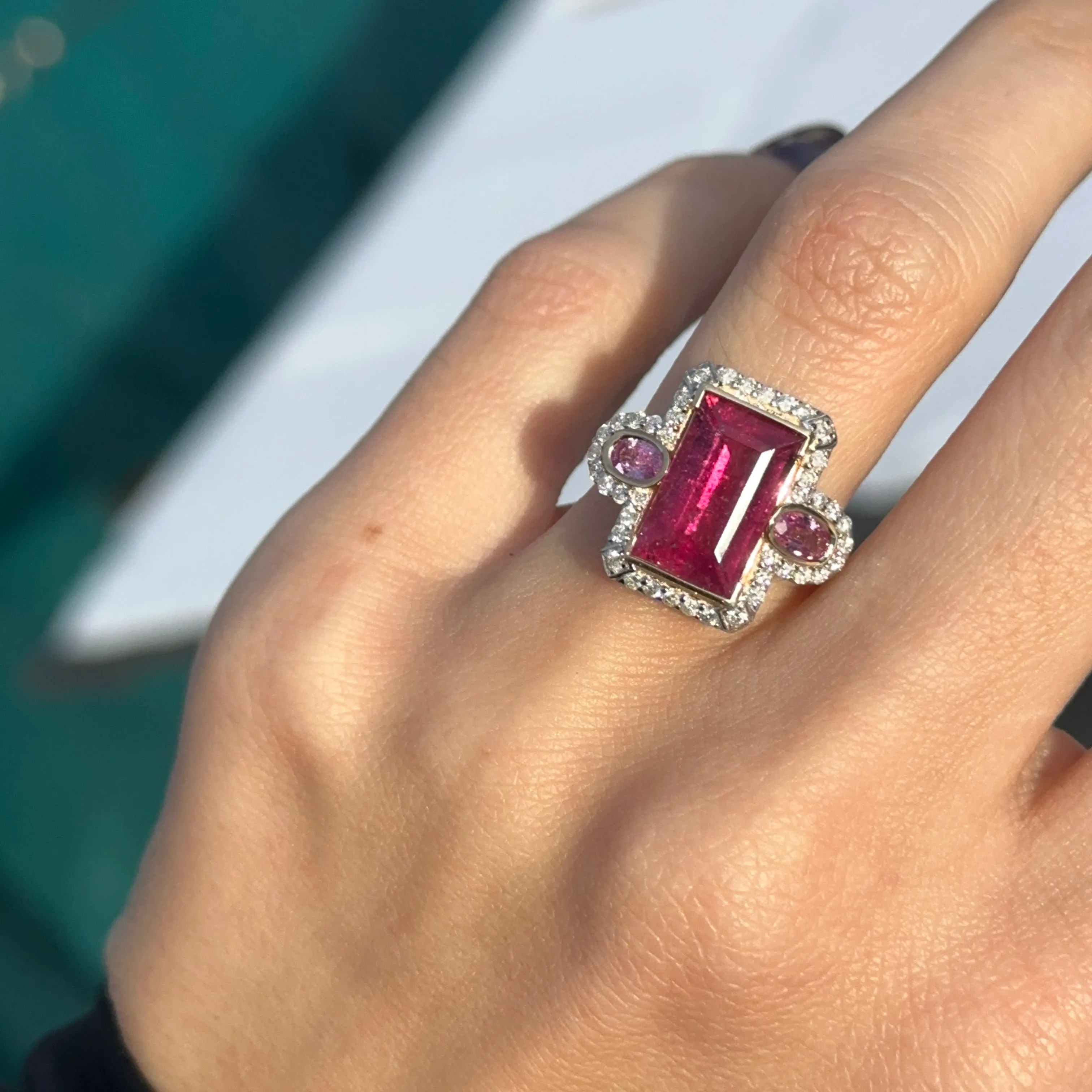 Estate 14KT Yellow Gold Rubelite Tourmaline   Diamond Halo Ring