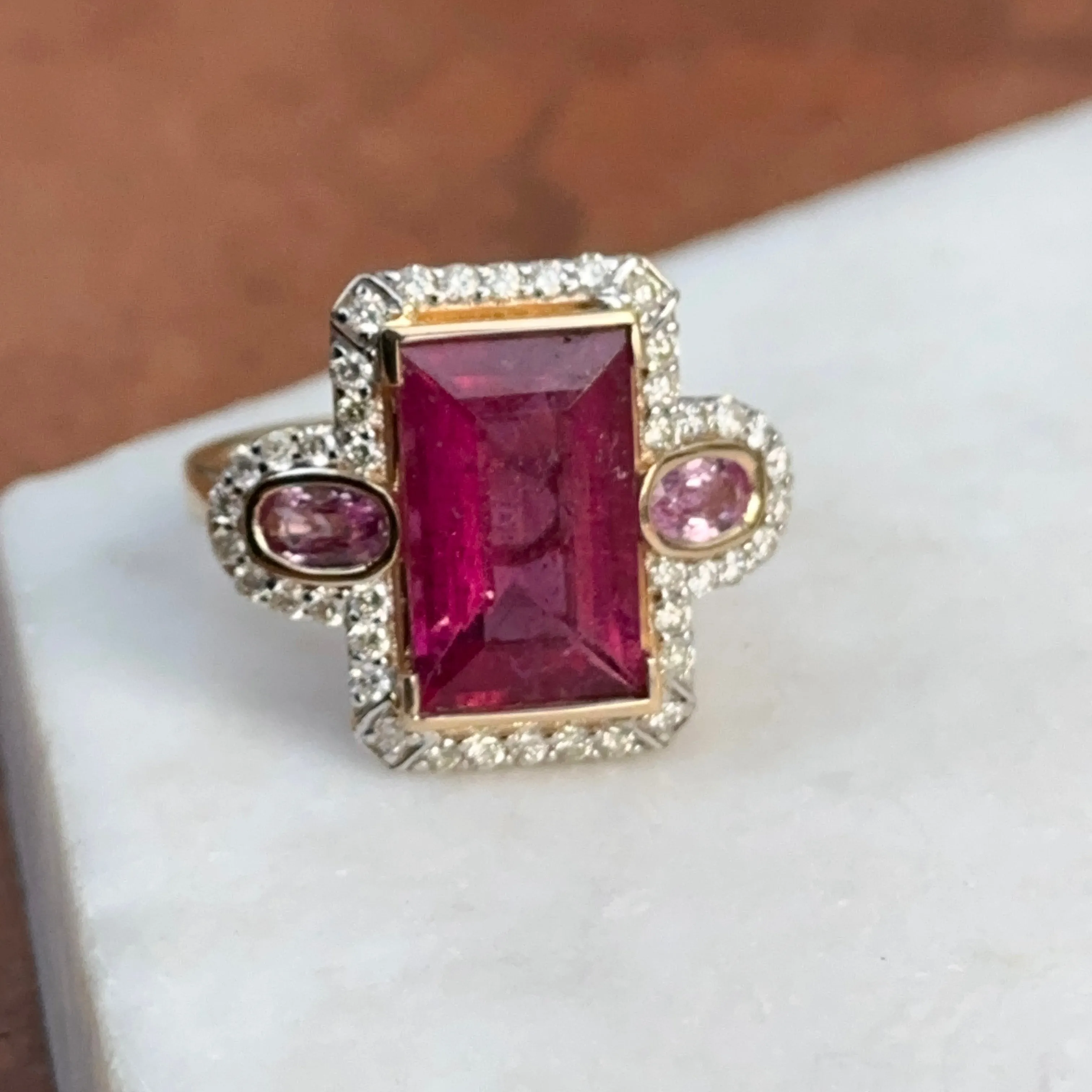 Estate 14KT Yellow Gold Rubelite Tourmaline   Diamond Halo Ring