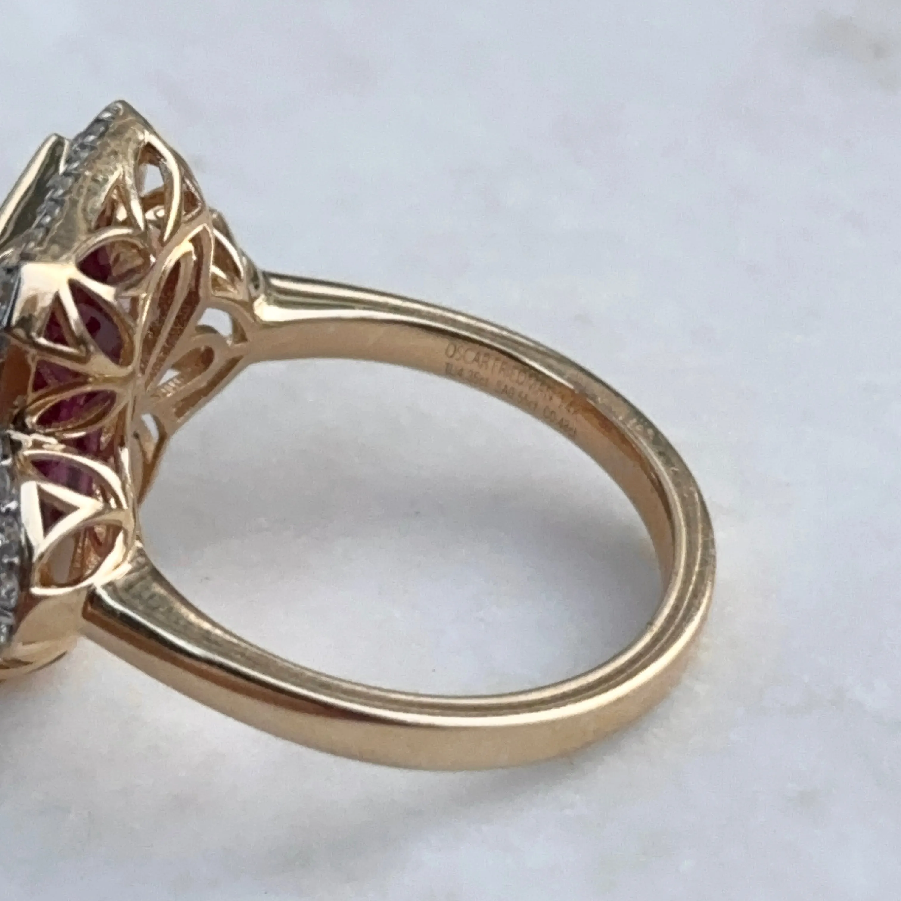 Estate 14KT Yellow Gold Rubelite Tourmaline   Diamond Halo Ring